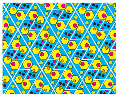 A floor pattern formed by dots, circles and  a four sided closed figure.