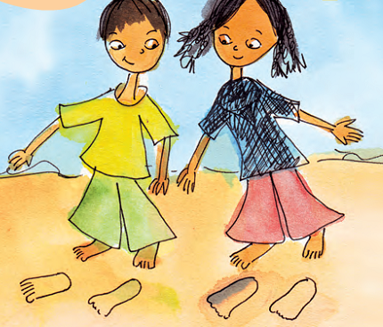 Two girls looking at their footprints on the ground.