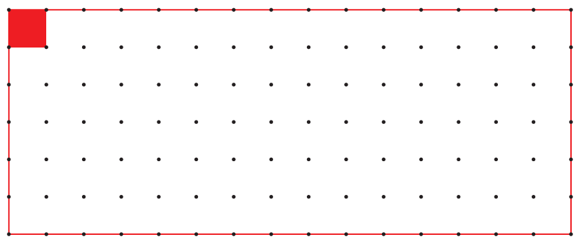 A large number of dots in a rectangle. On one corner of the rectangle, a square is formed by darkening four dots.