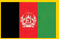 The flag of Afghanistan. It is divided into three colors, black, red and green. Towards the left is the black color, then is red and towards right is green. There is a white design in the red box.