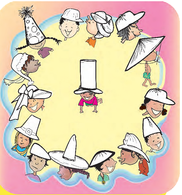 A group of children wearing hats of different shapes like cone, triangle, round, rectangle.