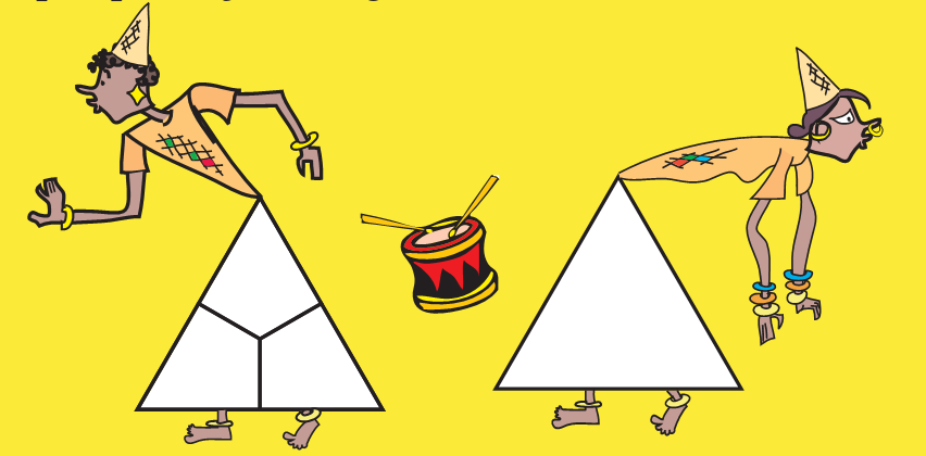 Two men wearing cone shaped caps and triangular shaped skirts.