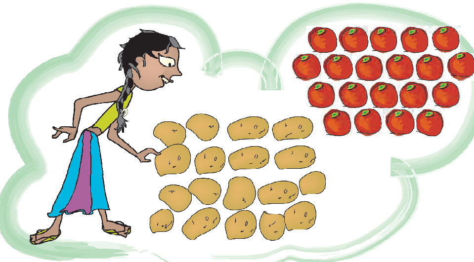 There is a girl looking at twenty one tomatoes and eighteen potatoes.