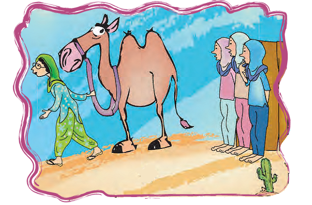 A woman is dragging a camel while three girls are watching her.