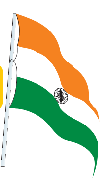 The National Flag of India, which is rectangular shaped and is tied to a stick, in which the topmost color is saffron, in the middle is white and green is at the bottom. There is a circle in the middle of the flag.