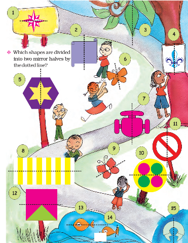 Various shapes are seen like a circle, star, triangle, square and rectangle. Also there is a butterfly, some fish , a tree, a signboard.