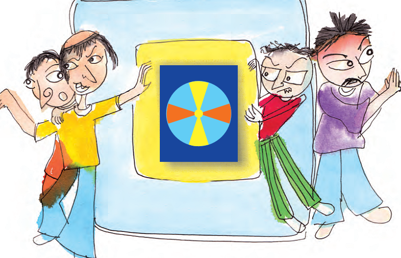 Four thieves trying to open the lock of a cupboard.