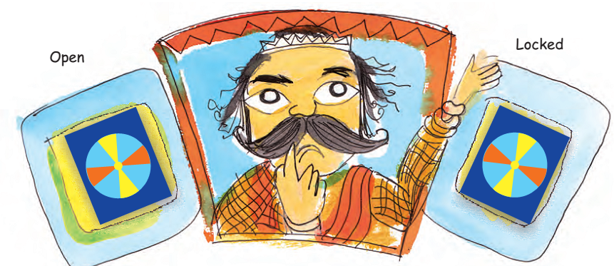 Open door of the cupboard, the king and the locked door of the cupboard.