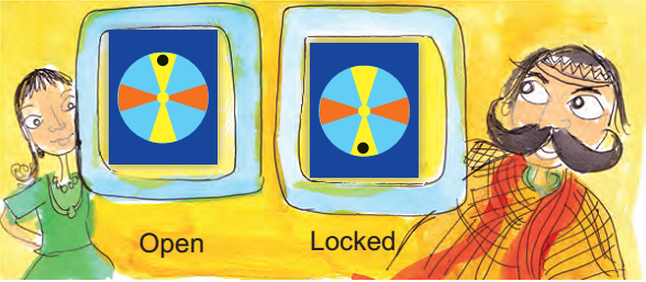 The king and his daughter are standing near the cupboard. Once the door is open, then it is locked. There is a black dot on its door.