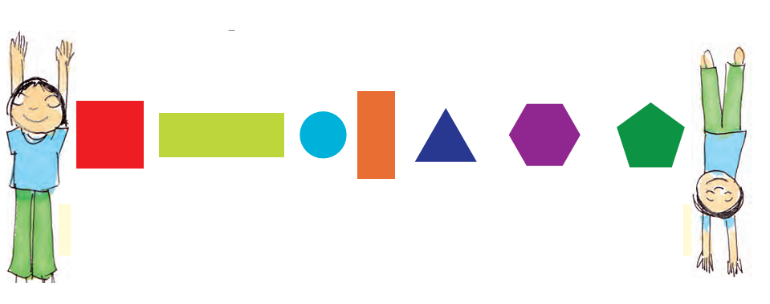 A girl is standing straight with hands up and then there are different shapes like a square, rectangle, circle, triangle and two more closed figures and then a girl is standing upside down.