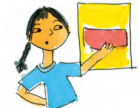 A girl is holding a rectangle shape and a sheet of paper.