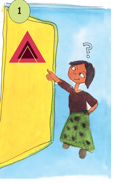 A girl pointing on a board on which three triangles are drawn, one inside the other.