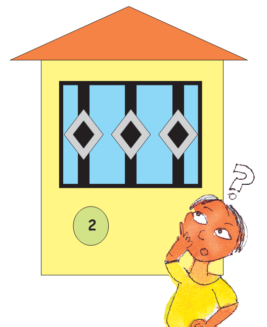 A hut with a rectangular window. On the window, there is a pattern formed by four sided figures.