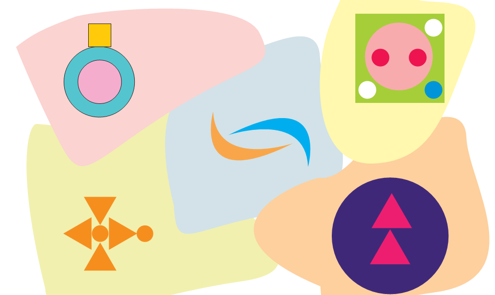 Different shapes formed by joining circles, triangles, squares, arcs.