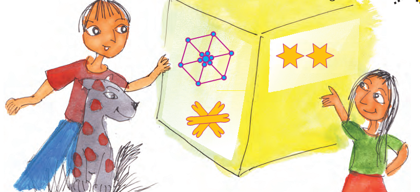 A girl and a boy looking at three different shapes. The first is a pair of stars, the second is a closed figure bounded by six sides and a flower at the center and the last is a cross cut by a line horizontally from the middle.