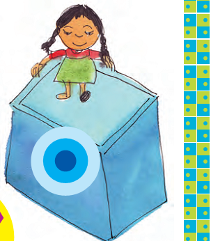 A girl sitting on a square box, on which three circles are drawn with the same center and there is a narrow rectangular strip kept vertically near the box with a design on it.