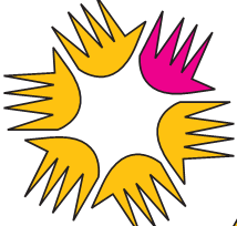 Six human hand shaped figures arranged in the form of a circle.