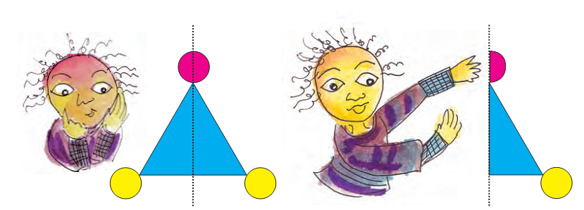 A boy is holding a triangle and folding it into half.