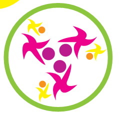 Inside a circle, there are dots and some shapes looking like flying birds.