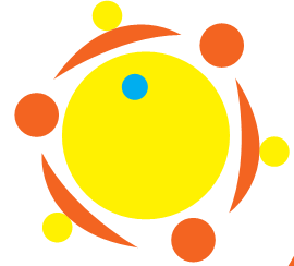 There is a dot inside a circle and outside it, there are few round arcs and some small circles.