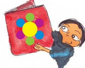 A girl holding a book on which, there is a flower formed by small circles.