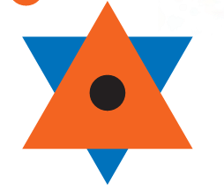 There is an inverted triangle, over it, another triangle is kept straight and there is a small circle drawn on the second triangle.