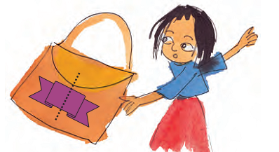 A girl is holding a bag on which there is a design.