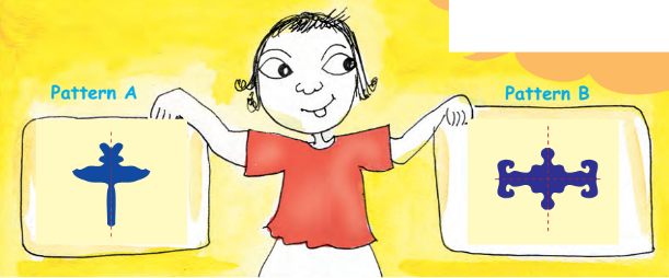 A girl holding two sheets, one in each hand, on each sheet, there is a design drawn from a drop of color.