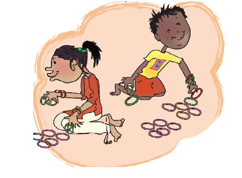 Two children are grouping bangles.