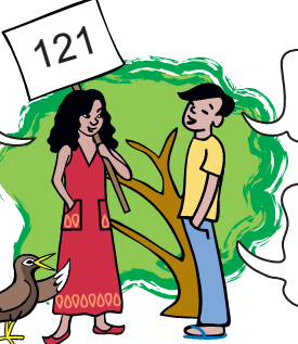 A girl and a boy are standing near a tree. The girl is holding a banner in her hand on which number one hundred twenty one is written.