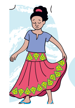 The girl is holding her skirt and saying that her mother made the pattern on the skirt.