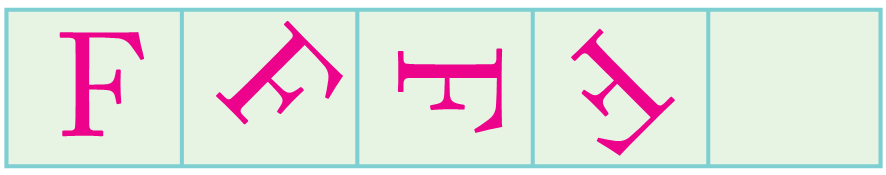 Letter F is written in the first box, letter F is tilted towards the right in the second box, letter F is turned completely to the right and in the forth box, itis slightly tilted down from its position in the third box. The last box is left blank.