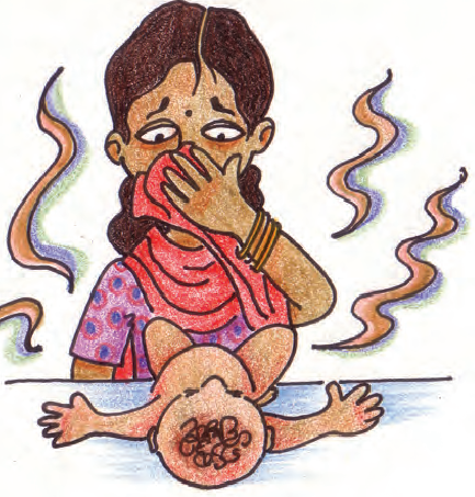 बच्चे का पॉटी साफ करते समय एक महिला ने दुपट्टे से अपनी नाक ढक ली।