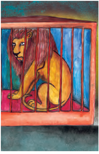 पिंजरे में बैठा एक बाघ।