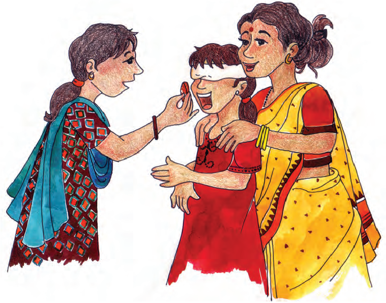 अपनी मां के साथ खड़ी एक लड़की और उसकी आंखें कपड़े के टुकड़े से बंधी हुई हैं और उनके सामने खड़ी एक महिला लड़की के मुंह में कुछ डाल रही है.