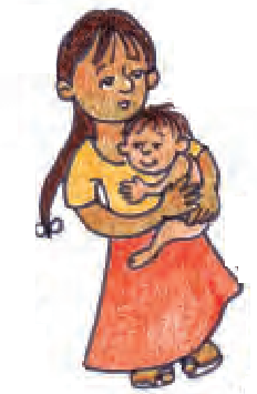 एक औरत की गोद में एक छोटा बच्चा ।