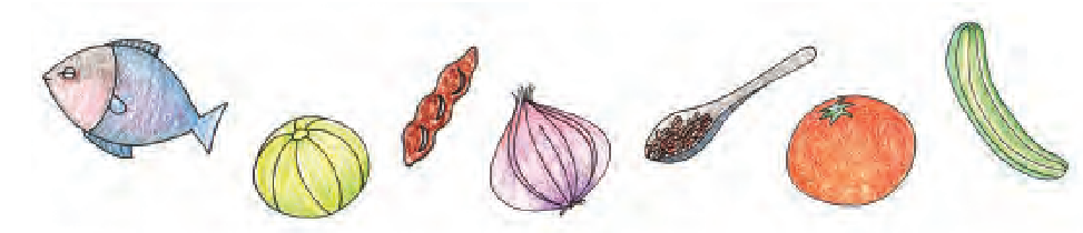 पहली छवि एक मछली को दिखाती है, अगली छवि एक गोल आकार की सब्जी की है जिसे कद्दू कहा जाता है, तीसरी छवि इमली की है, जो एक बड़ी घुमावदार बीन फली की तरह दिखती है, चौथी छवि एक प्याज की है, जो एक है ऊपर की तरह दिखने वाली सब्जी, अगली छवि कुछ बीजों के एक चम्मच की है, अगली छवि एक टमाटर की है, जो एक छोटी गेंद की तरह दिखने वाली सब्जी है, अगली छवि एक खीरा  की है, जो एक लम्बी है सब्जी, एक संकीर्ण और छोटे सिलेंडर की तरह दिख रही है.