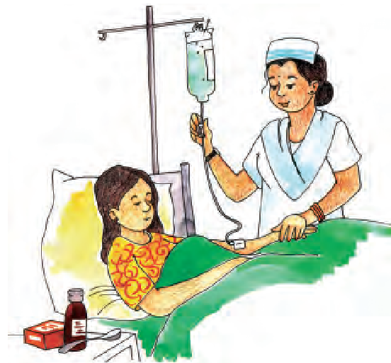 एक अस्पताल के बिस्तर पर लेटी हुई एक लड़की, उसके बिस्तर के पास एक छोटी सी मेज पर कुछ दवाएं रखी हैं और उसके बिस्तर के ठीक बगल में खड़ी एक नर्स उसे एक छोटी बोतल से ग्लूकोज ड्रिप दे रही है, जिसमें एक तरल पदार्थ एक स्टैंड पर उल्टा लटका हुआ है और एक बोतल से एक पतली  ट्यूब लड़की के हाथ तक जाती है।