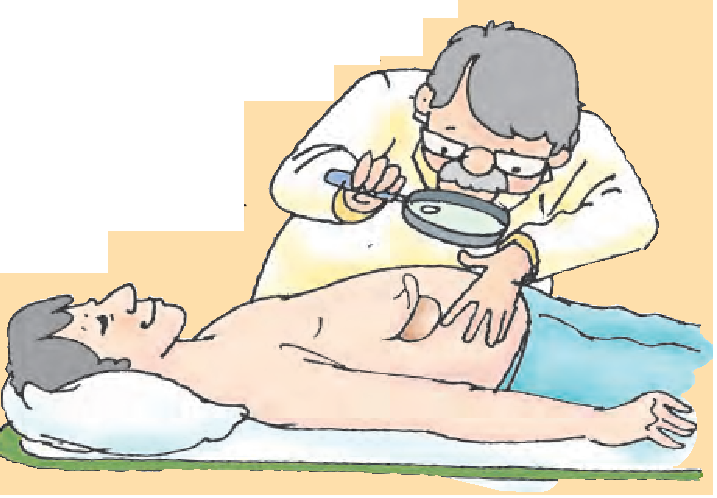 बिस्तर पर सीधे लेटे हुए आदमी के पेट की जांच करते डॉक्टर, डॉक्टर के हाथ में एक छोटा गोल आकार का दर्पण है।