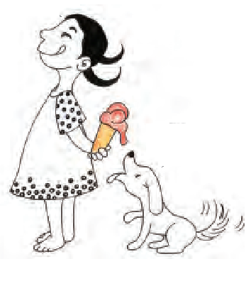 हाथ में आइसक्रीम लिए खड़ी एक लड़की और उसके पास फर्श पर बैठा एक कुत्ता आइसक्रीम को देख रहा है.