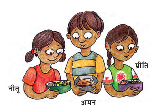 तीन बच्चे हैं, नीतू, अमन  और प्रीति। तीनों ने हाथों में एक एक टिफ़िन बॉक्स पकड़ा है, जिसमें खाना है। 