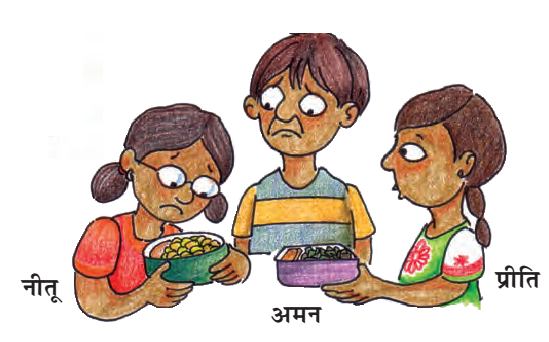 तस्वीर में नीतू अपने टिफिन बॉक्स में आश्चर्यजनक रूप से देख रही है।  अमन नीतू को देख रहा है और प्रीति नीतू को अपना टिफिन बॉक्स दे रही है।  