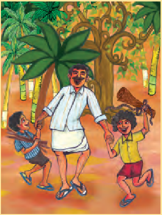 दो लड़के खुले मैदान में एक आदमी के साथ खेल रहे हैं। 