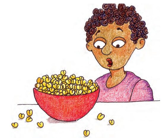 एक लड़का  एक बर्तन से कुछ भीगे हुए चनों को बहता देख आश्चर्यचकित हो गया।