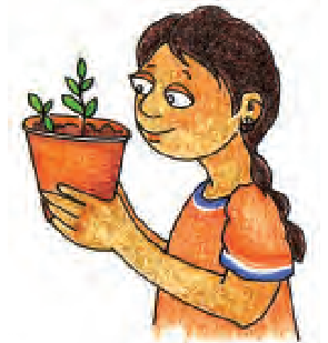हाथ में छोटा सा गमला पकड़े लड़की।