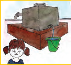 पानी की टंकी से भरी जा रही बाल्टी। 