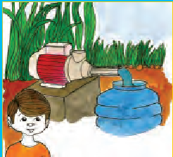 एक मोटे से पम्प के आगे लगा एक पाइप जिससे एक टंकी में पानी भरा जा रहा है। 