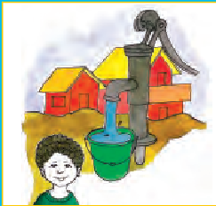 एक हैन्ड पम्प से एक बाल्टी भरी जा रही है। 