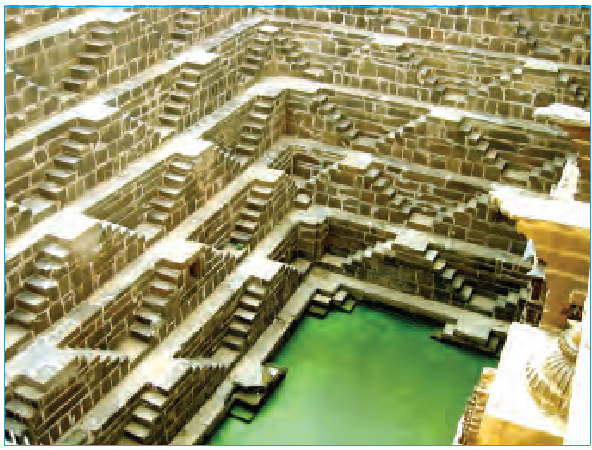 विभिन्न स्तरों पर निर्मित छोटी सीढ़ियाँ एक जल निकाय तक पहुँचती हैं। 