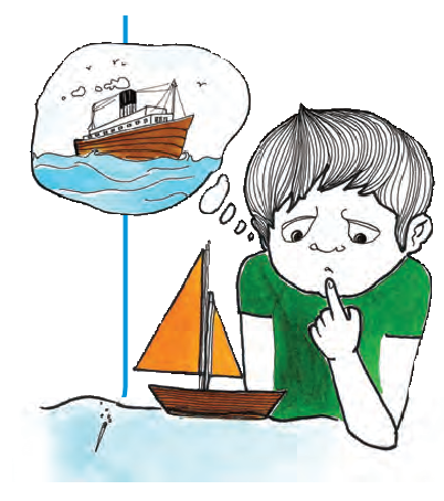 एक लड़का बैठा पानी में तैरती अपनी छोटी लकड़ी की नाव और पास में  पानी  में  डूबी एक छोटी सुई को देख रहा है। वह पानी में तैरते लोहे के जहाज के बारे में भी सोच रहा है।